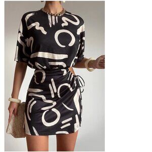 RUNAWAY THE LABEL Simona Printed Mini Dress in York Black, Small, NEW WITH TAGS
